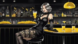 gray-toned, contrasting graphics, a lady in a black casual dress, black lace nice nylon stockings sitting on a bar chair in bar, holding a yellow mimosa cocktail in her long black gloved hand, atmospheric, strong contrasts, shadowy background, focus on the hand holding the cocktail, moody, pale ligts, anime style, cinematic