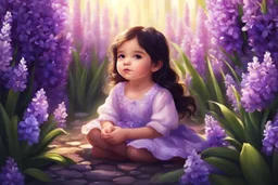 A beautiful little girl is sitting surrounded by full of hyacinth flowers, dark hair, shining eyes, digital painting style, high quality, 4k