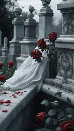 A grave above it a white lace scarf covered with blood and white roses. Cinematic picture