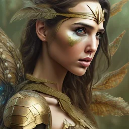 Gal Gadot, rusty metal, feathers, Dryad, fae, sidhe, ominous, nature, plants, wildflower, facepaint, dnd character portrait, intricate, oil on canvas, masterpiece, expert, insanely detailed, 4k resolution, retroanime style, cute big circular reflective eyes, cinematic smooth, intricate detail , soft smooth lighting, soft pastel colors, painted Renaissance style