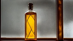 bouteille de whisky devant un vitrail art deco