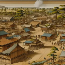 A brown Western town designed in Australian aboriginal art painted by Utagawa Hiroshige
