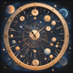 A giant clock telling celestial time radiating glow and shine and the night is full of shimmering stars and moons with nebulas dancing with planets, in constructivism art style