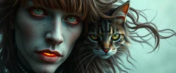 high class realism, dented skin, victorian era, cyber punk, A really close up portrait of one person individually mutated with hairy wigs glowing, and a long haired cat that just came out of a violent twister with its long hair twisted