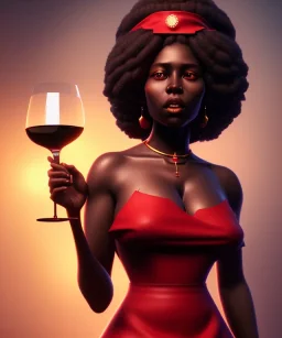 Negra Francisca, beautiful, curvy body, mature African slave, simple red fabric dress, beautiful long black hair, red headband, head and shoulders portrait, holding glass of wine, 8k resolution concept art portrait by Greg Rutkowski, Unreal Engine 5 volumetric lighting