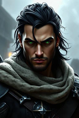 aasimar dnd male character mid 30s with shining green eyes devastatingly handsome but also intimidating looking might fight you in the street dark hair and only upper body square jaw hair swept back off face realistic looking