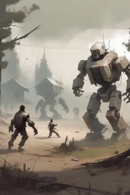 scena di combattimento con robot stile Jakub Rozalski