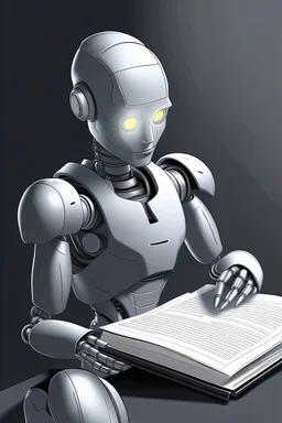 generate a color front cover simplistic illustration representation of Ai metalic grey bot writing a book