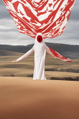 Giant massive huge in stature, majestic entity, hovering and floating over a large field landscape. the entity wears a white and red draped fabric that has printed on the material resembling stars. the fabric has also technological elements. you can see how big it is compared to a tiny human standing in front of it