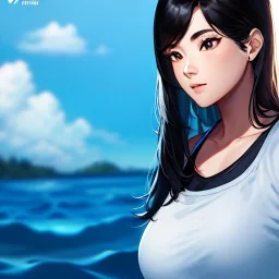 black haired woman, casual clotting, realistic, HD4k, watery cloud background, close up shot,