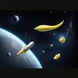 draw cartoon yellow banana with smile as starship flying in space.