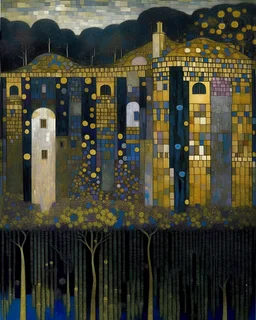 A haunted indigo castle painted by Gustav Klimt