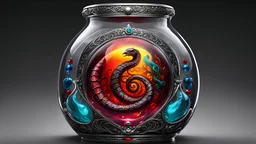 ancient shiny Dark fantasy alien serpent embryo in a glass specimen jar, silver filigree edges, bold lines, vivid tattoo ink, shiny glass jewels, bold (colorful hieroglyphs) cartouche, 16k resolution, epic, beautiful, masterpiece, trending on Artstation, deviantArt, ultra detailed, sharp focus, red yellow and black, deep color, vibrant, wet, gloss