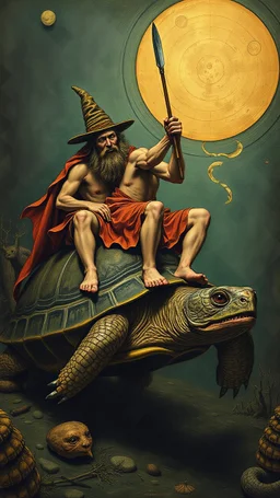 Hieronymus Bosch style nightmares men on riding a turtle