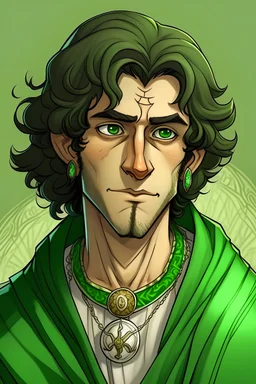 A tan skinned man in medieval times with raggedy and shaggy black hair with one striking white stripe in his hair. He has tired green eyes and eye bags. He has a green crystal pendant on a necklace. He wears a green ruana and is in his early to mid twenties