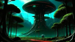 hyper realistic, tron legacy movie, space ships of the future, city of the future, green nad dark red trees , forest, space, planets, god status creations of the universe, face of an alien