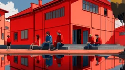 people sitting on a bench near a puddle of water in front of a red building with a red roof, modernism, digital rendering