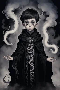 7 year old boy, necromancer, friendly, with 1 tentacle coming out of his stomach, surrounded by weird smoke with eyes, wearing black robes, in the style of Harry Clarke