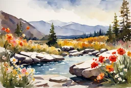 Sunny day, rocks, flowers, spring, mountains, epic, winslow homer watercolor paintings