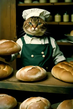 Portrait photo of an anthropomorphic baker cat at a bakery baking rustical bread, Fuji Velvia 50 film