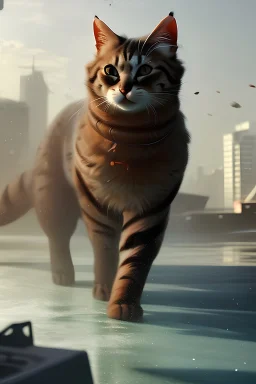 a giant cat walking in a city destroying buildings and playing with ships of the river, high quality, hyperrealistic, cinematic