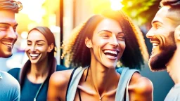 four happy people discussing health and wellness on a street, close up, bokeh