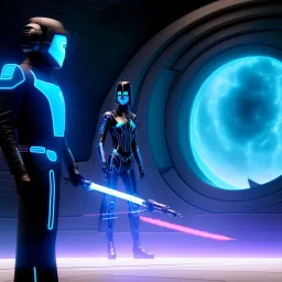 The Grim Reaper and the Star ship pilot in Tron world, discussing the future of the universe, art by Magritte and Pixar