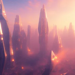 a crystalised transparent futuristic city suspended in the air, gold, diamonds, lightbeams, sunny atmosphere, realistic, unreal engine, 8k. Cinematic lighting, octane render.