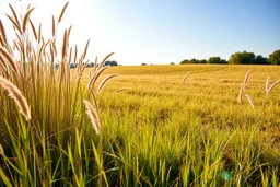 a wild grass clearing next to an ideal farm field, sunny day, product photo setting
