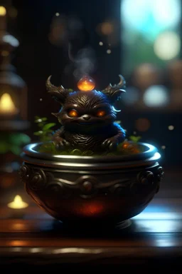 magical nightmare, cauldron with shining sigil and containing a slightly alien fur ball gremlin in it, prize winning oil painting, ,bokeh like f/0.8, tilt-shift lens 8k, high detail, smooth render, down-light, unreal engine