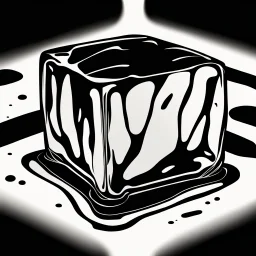 a HAND DRAWN BLACK AND WHITE ICE CUBE SITTING ON A SLICK BLACK SURFACE