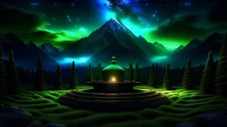 my dreams . podium for meditation , day landscape, In the garden my mind bows . meditation . ancient two meditation palace built in the jungle , mountains. space color is dark , where you can see the fire and smell the smoke, galaxy, space, cosmos, panorama. Background: An otherworldly planet, bathed in the cold glow of distant stars. Northern Lights dancing above the clouds in amazon. Fantasy gate floating in the universe