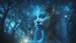 The photo is in a bioluminescent and bioluminescent art style depicting a divine tree woman, double exposure, Bioluminescent dewy translucent glowing skin, ethereal glowing eyes, long neck, perfect face in ultra-realistic details, blue hues, flowing hair, The composition imitates a cinematic film with dazzling, gold and silver lighting effects. Intricate details, sharp focus, crystal clear skin create high detail. 3d, 64k, high resolution, high detail, computer graphics, hyperrealism, f/16, 1/30