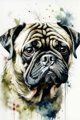 A portrait of a pug by valerie Davide loose watercolour, wet on wet and splattering and dripping techniques, centred, perfect composition, abstraction,