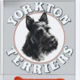 circle containing a black and white image of a terrier