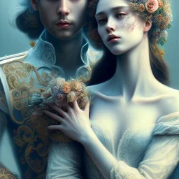 Romeo and Juliet. dramatic,romantic, muse of flowers, award winning, carne griffiths, portrait, intricate details, dynamic effects, white long hair, intricate eyes, detailed face, surreal hair, aristocratic clothes, professional ominous concept art, by artgerm and greg rutkowski, an intricate, elegant, highly detailed digital painting, concept art, smooth, sharp focus, illustration, in the style of simon stalenhag, wayne barlowe, and igor kieryluk.