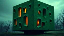 Enigmatic green cube-shaped dwelling. Imagine a single-family home that defies convention and emerges as a pure green cube, with a strange sense of mysticism. The exterior walls are covered in a hypnotic texture. Random gaps and windows of various shapes and sizes punctuate the surface of the cube, like an organic, futuristic sculpture. Some of these openings emit a warm, golden light, while others remain dark, mysterious and uninviting.