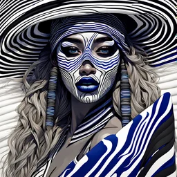 Create an optical illusion of black and white wavy lines forming the face of a young apache native woman with blue lipstick on her lips, touches of white and blue paint on her face, striped mask, highly detailed drawing, point of departure, anime, wildlife photography, drawing, art Conceptual, lively, fashion, cinema, 3D rendering