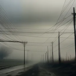 An empty road on a misty day. Telegraph poles and wires. Muted tones. Tilted horizon. With blotches and lens noise. Hyper realistic Photo 4k