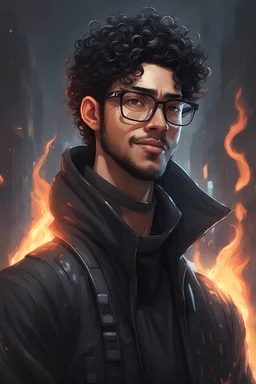 A 27-year-old young gentle man,realistic, with curly black hair, a thick chin, and wearing glasses, black clothes, hoodi, cry,cyberpunk, smart face, Confident smile, with fire powers