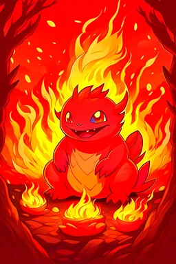 a pokemon, fire , legendary,cozy, detailed, cartoon style