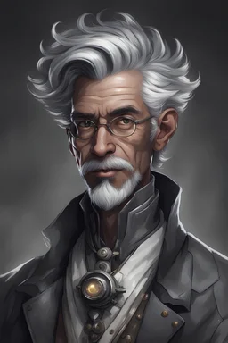 portrait of a human male alchemist inventor with Black grey Hair with dark grey skin