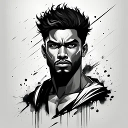 simple blacn and white illustation, male, RESILIENT, PROTECTIVE, DETERMINED, framed