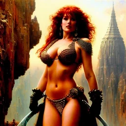 Drawing of beautiful face,'beautiful,Busty fit Red Sonja',intense stare, ancient skintight armor, balanciaga fashion clothe painting by gaston bussiere, greg rutkowski, yoji shinkawa, yoshitaka amano, tsutomu nihei, donato giancola, tim hildebrandt, Oil on canvas, cinematic composition, extreme detail,fit full head inside picture,16k