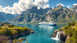 a picturesque natural landscape that includes majestic mountains and a serene countryside. Additionally, incorporate details about a stunning, large waterfall that enhances the beauty of the scene. The output should be structured as a narrative, painting a clear image with rich, descriptive language that evokes the sights and sounds of this beautiful environment water fall falls to a big sea with modern ship in it.a fullbody lady inOne Piece - Athletic Swimsuit