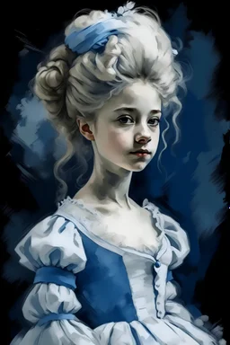 indigo girl with a 18 century hair style wig in a white dress in oil painting effect ink brushstrokes