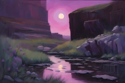 Purple sky with one planet, weeds, cliffs, rocks, puddle, 2000's sci-fi movies influence, wilfrid de glehn, jenny montigny, and rodolphe wytsman impressionism paintings