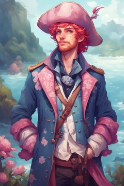 kind sailor, man, red slightly curly hair, long jacket, pink-azure clothes, pink-azure cocked hat in cold colors, white floral pattern on jacket, flower in hair, pirate, stardew, valley style