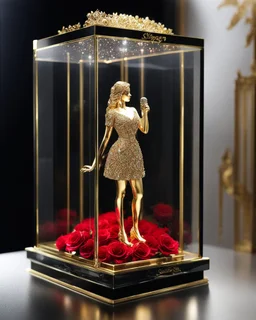 Luxury design of miniature singer music in a luxury glass box display case, singer music hold microphone,made of gold metal plate, metal craft with luminous diamond glitter, on the outside surface of luxury jewelry decoration very small diamond stones, very small abstract queen logo, 3D logo shape, musical notes, red diamond stones, black decoration, leaves and roses combined, emitting light, gold background