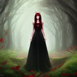 Girl with black hair using long red dress in a magic forest, fantasy style, surrealism, 8k